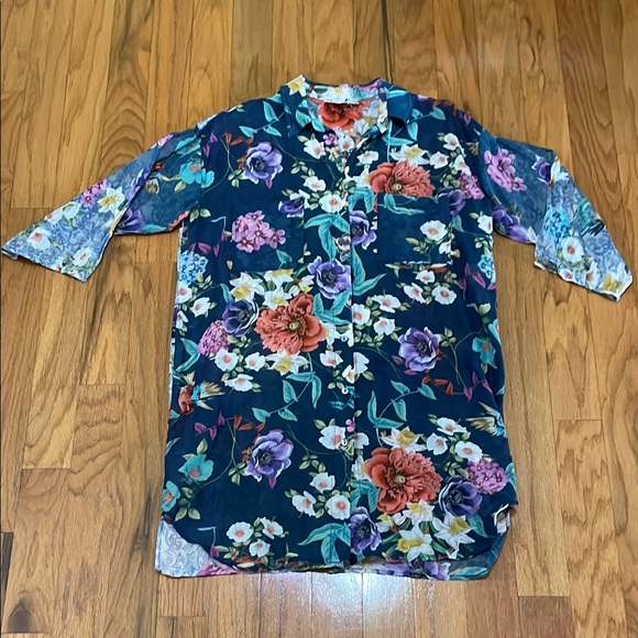 Johnny Was Tops Floral Womens Button Down Shirt Multicolor Sheer